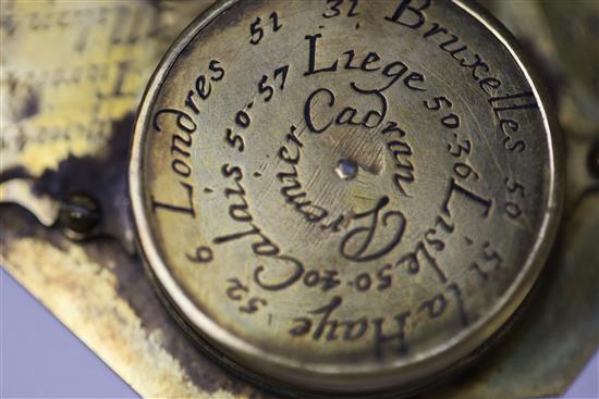 A French brass Butterfield pattern sundial, 2.5in., in original leather case